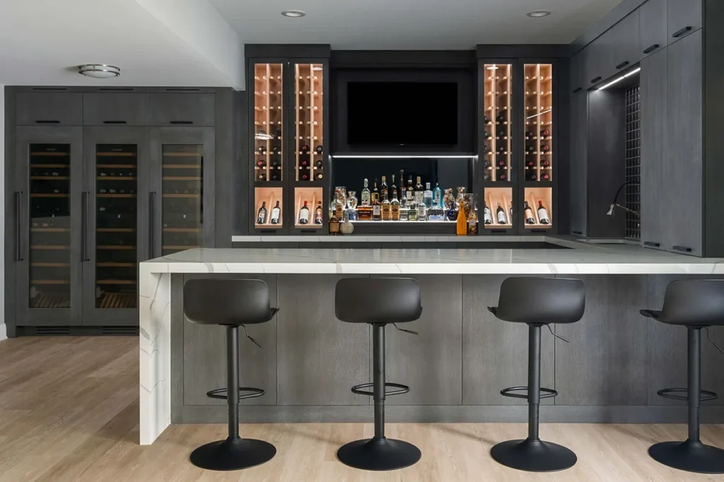 Modern bar with granite counter and seating